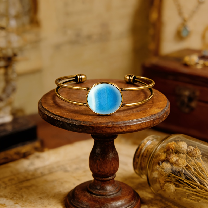 Antique Cyan Double-Layer Adjustable Open-End Bangle, Gradient Blue